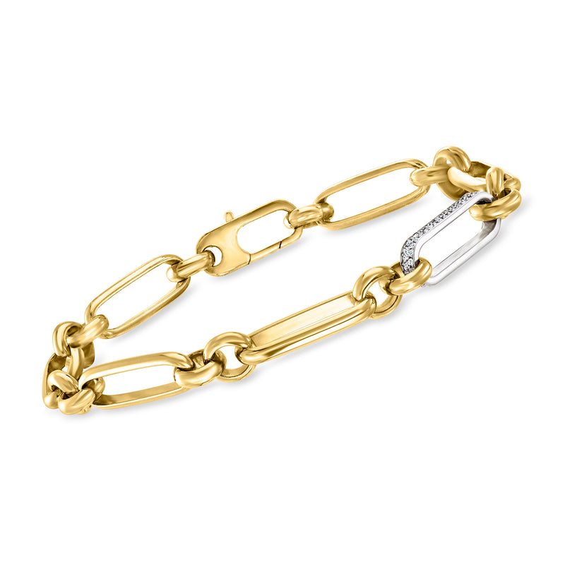 Two-tone 18kt gold paper-clip cable-link bracelet with diamond-accented clasp links