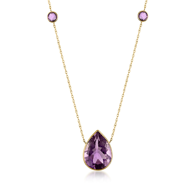 14kt yellow gold amethyst necklace with pear-cut purple pendant and small stations
