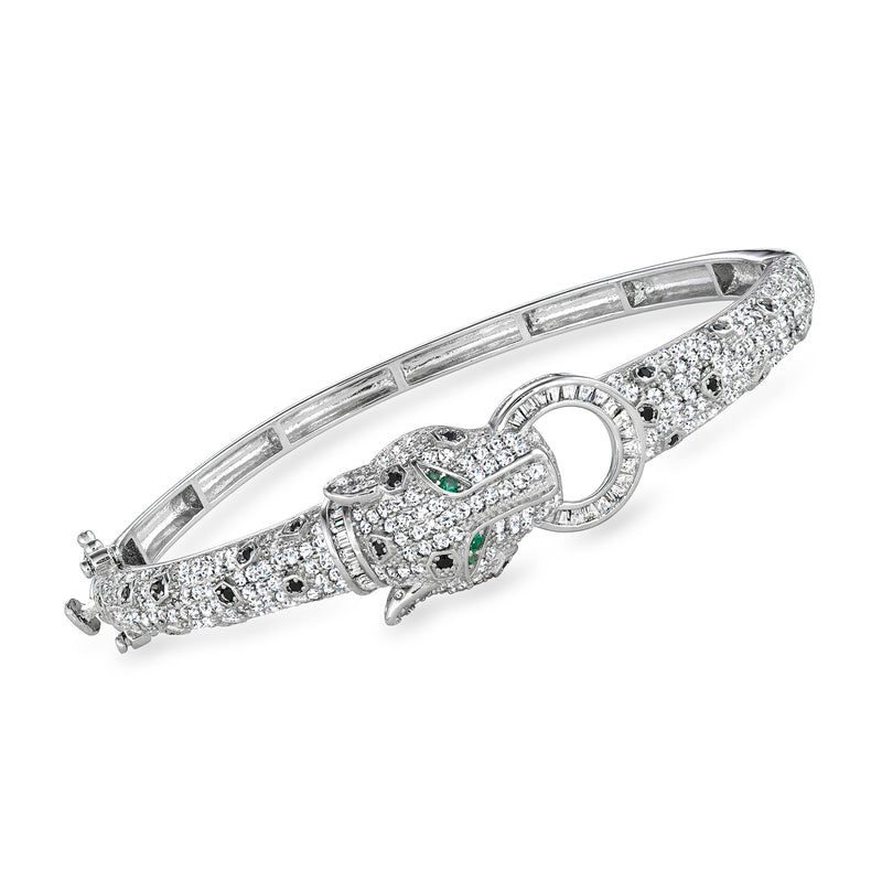 Sterling silver CZ panther bangle bracelet with multicolor stones and green accents