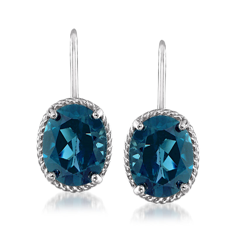 Sterling silver London blue topaz drop earrings, oval gemstone with halo setting