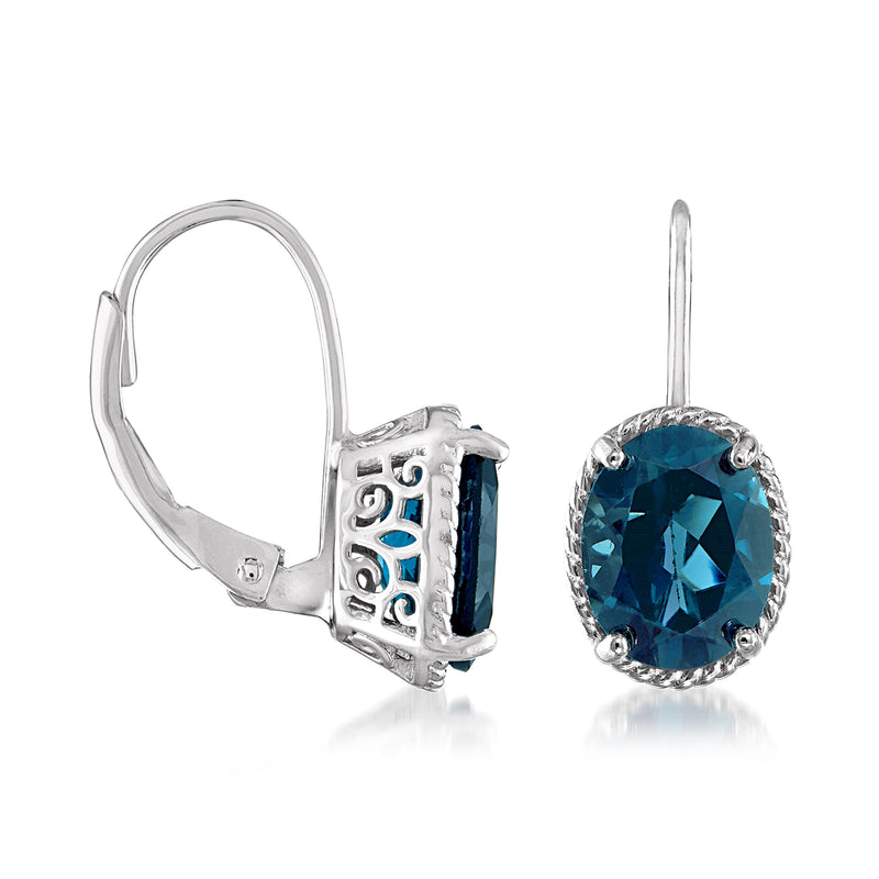 Sterling silver leverback drop earrings with oval London blue topaz and metal gallery