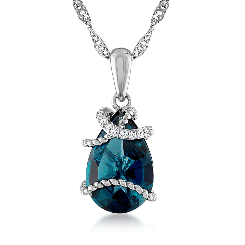Sterling silver pendant necklace with blue teardrop topaz and diamond accents