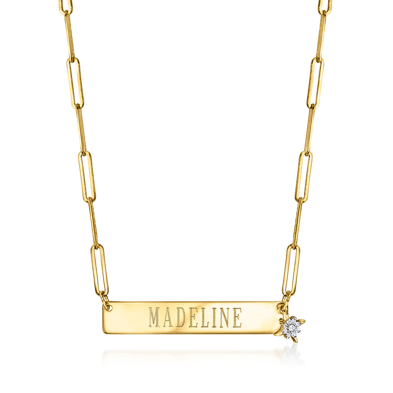 14kt yellow gold personalized bar necklace with engraved name and diamond-accent star charm