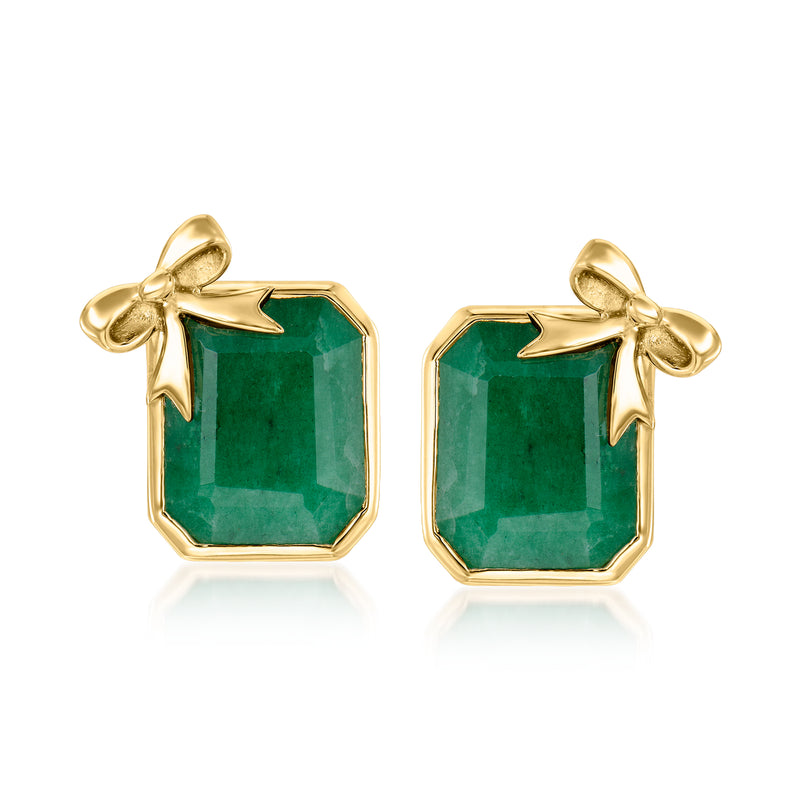 Gold bow stud earrings with emerald-green octagonal gemstones