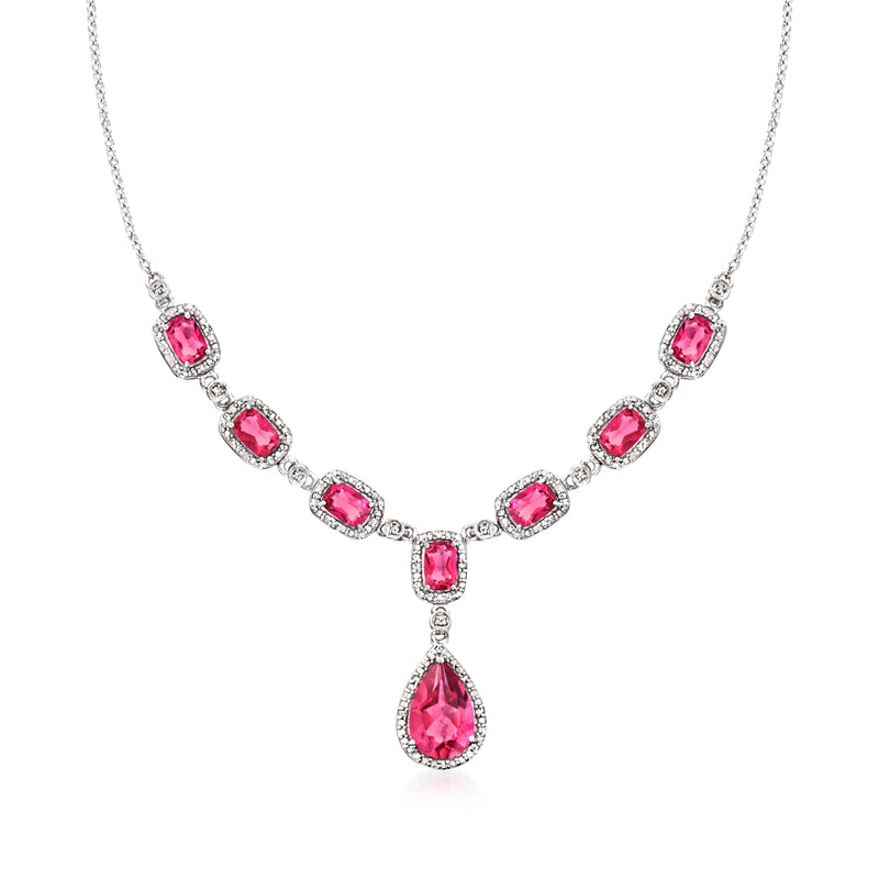 Sterling silver Y-necklace with pink topaz and diamond accents, teardrop pendant