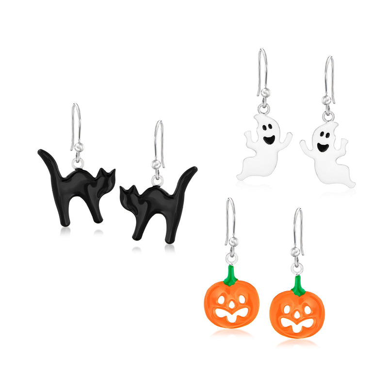 Halloween drop earrings set: ghost, orange jack-o-lantern, and black cat silhouettes on hooks