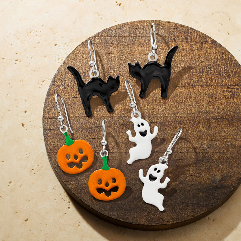 Italian Multicolored Enamel and Sterling Silver Jewelry Set: Three Pairs of Halloween Drop Earrings