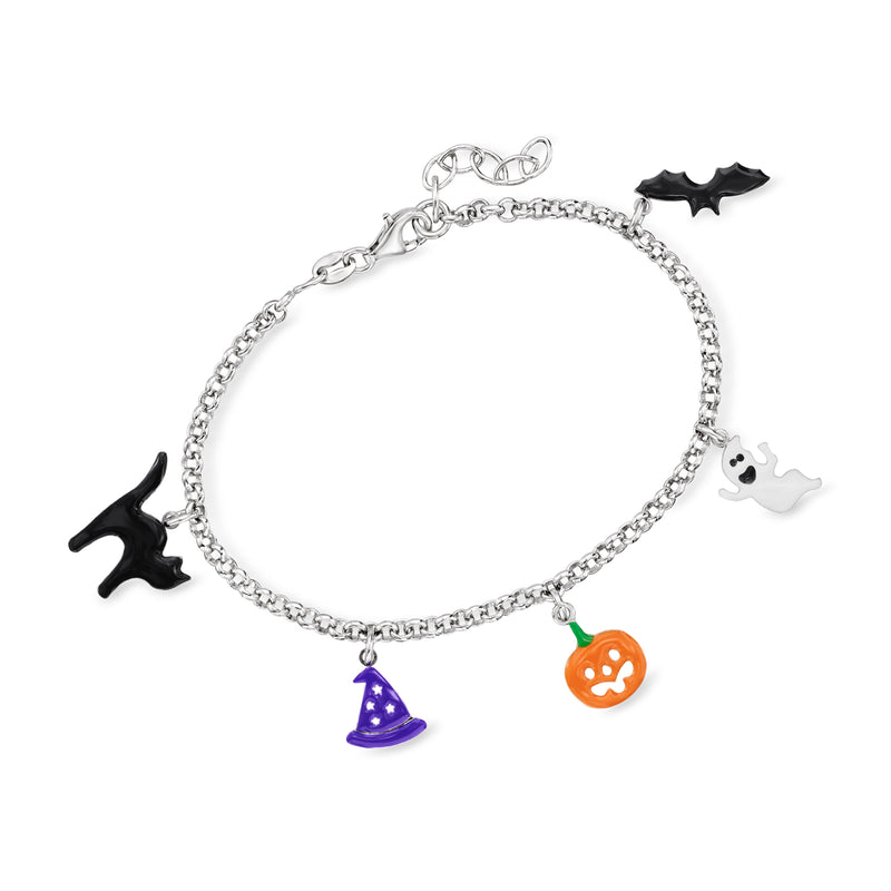 Sterling silver Halloween charm bracelet: multicolored bat, ghost, jack-o-lantern, witch hat.
