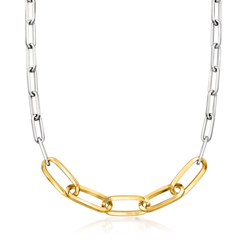 Two-tone sterling silver paper-clip link necklace with gold-toned center links