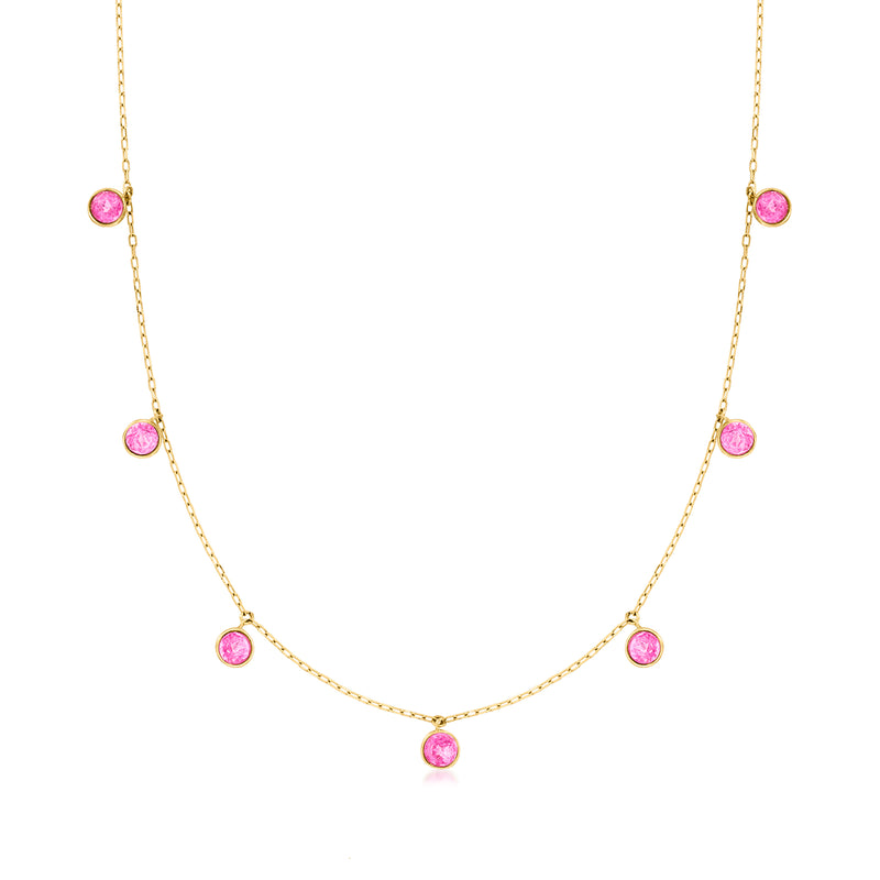 14kt yellow gold chain necklace with bezel-set round pink topaz stations