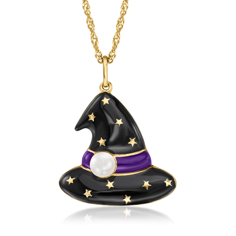 Gold-tone necklace with black witch hat pendant, purple band, and white pearl drop