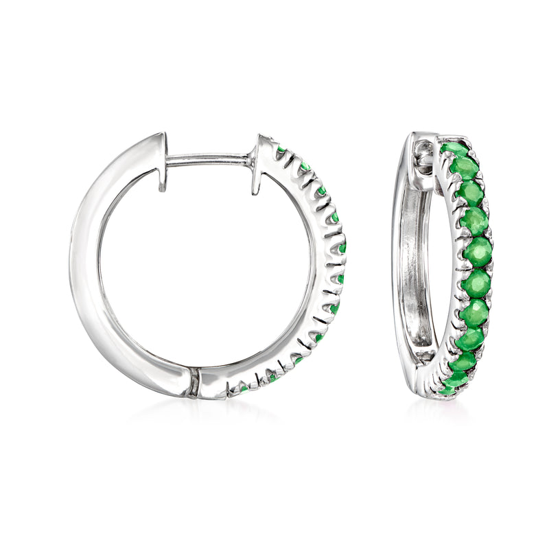 Sterling silver emerald hoop earrings with pavé green stones