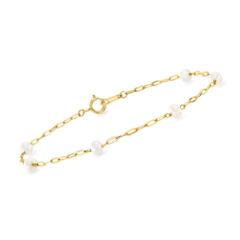 14kt yellow gold paper clip link bracelet with small cultured pearl stations