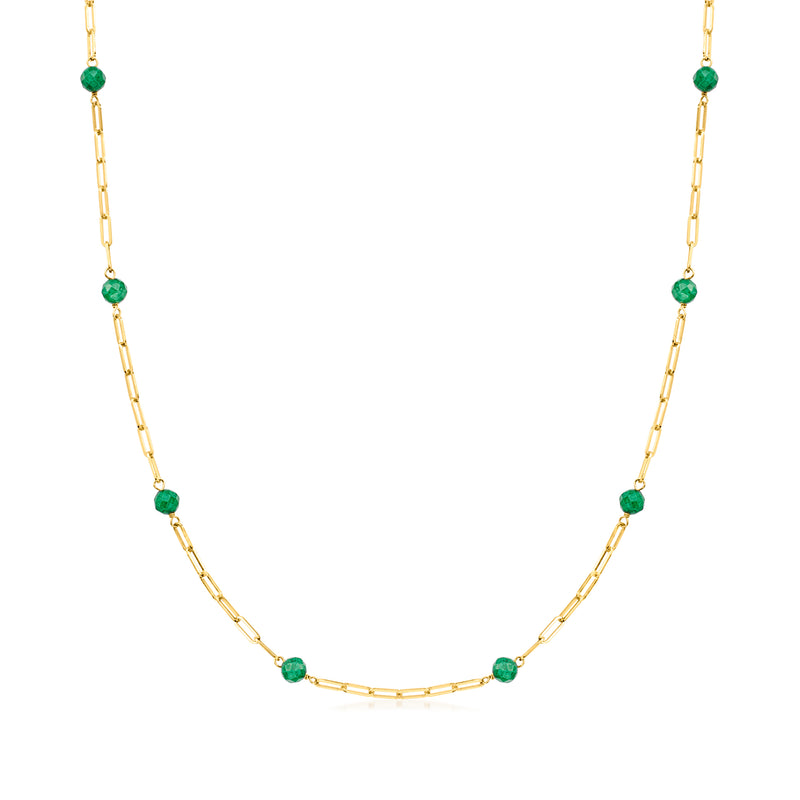 14kt yellow gold paper-clip link necklace with emerald green bead station
