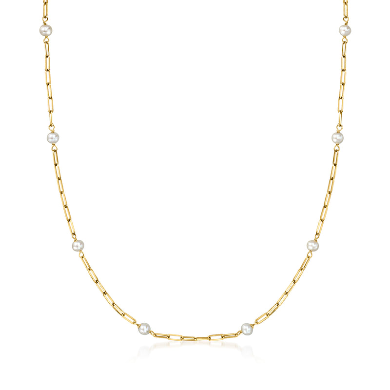 14kt yellow gold paper clip link station necklace with small round cultured pearls