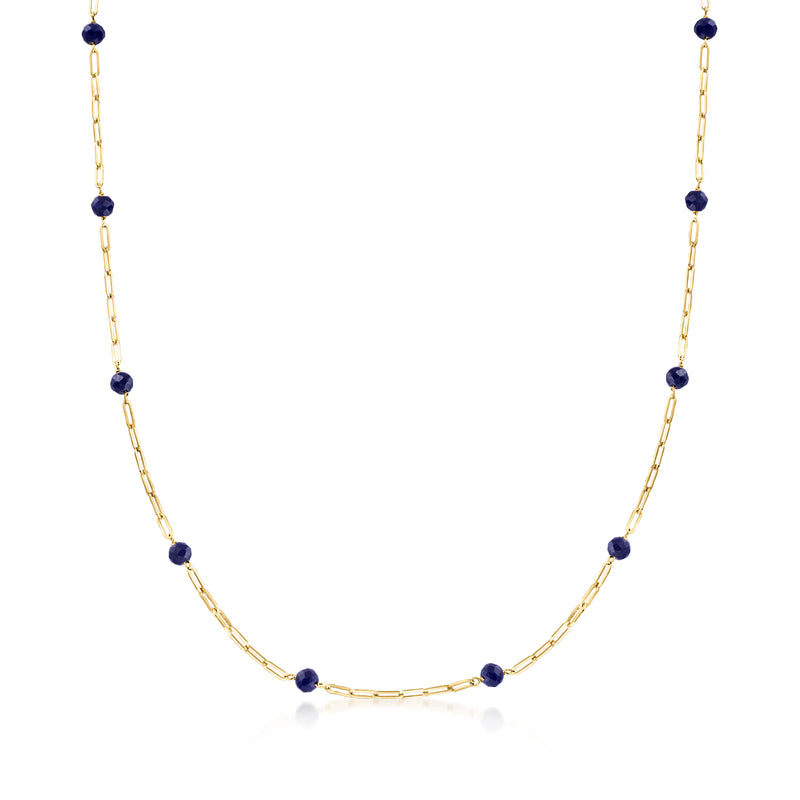14kt yellow gold bead-station necklace with dark blue sapphire beads along chain
