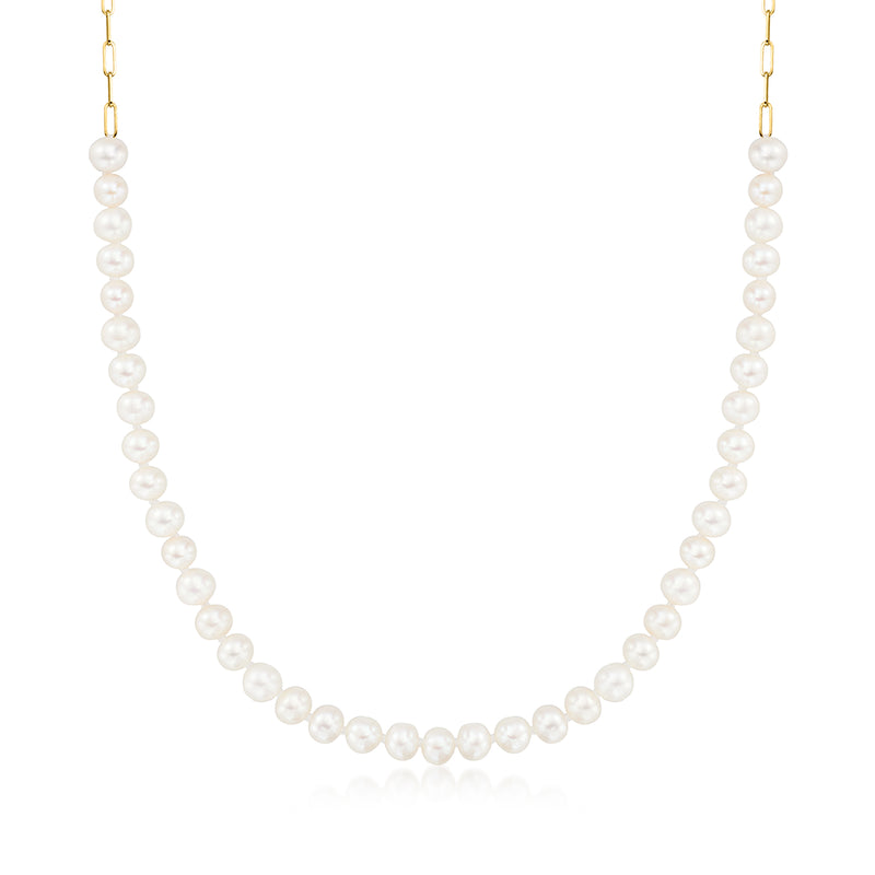 14kt yellow gold necklace with cultured pearls and paper-clip links