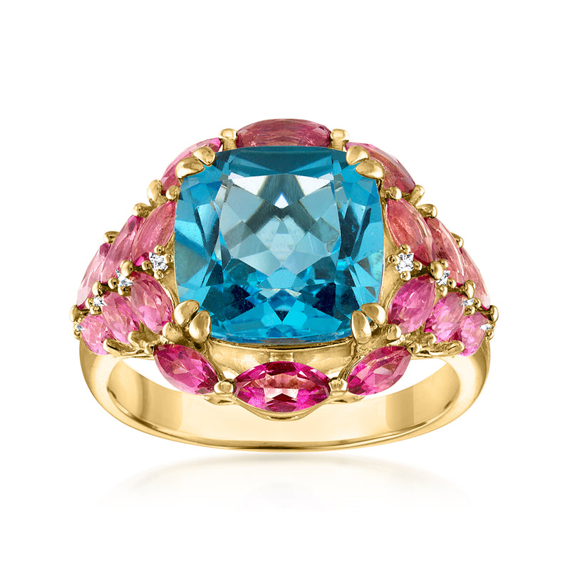 18kt gold ring with blue topaz centerpiece and pink gemstone side stones
