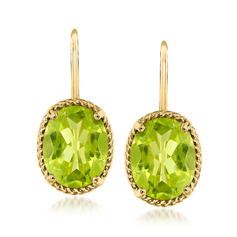 18kt gold over sterling peridot oval drop earrings with leverback, bright green stones