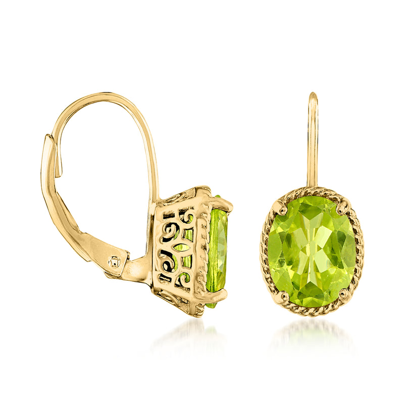 Peridot oval drop earrings in gold with leverback hooks and bezel-set green gemstones