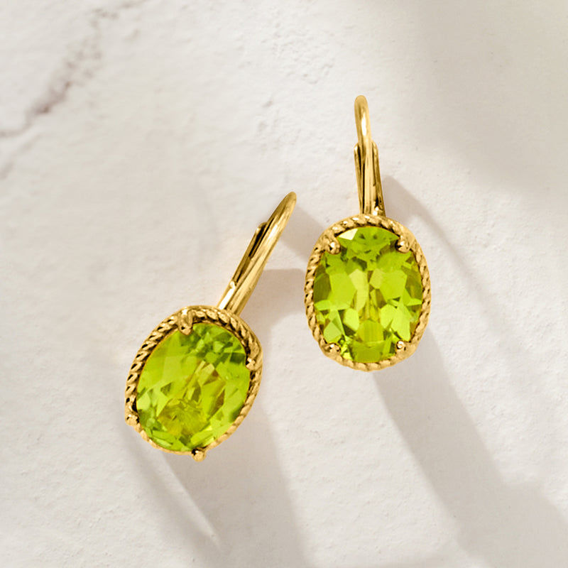 Gold peridot oval drop earrings with leverback and textured bezel; lime green stones