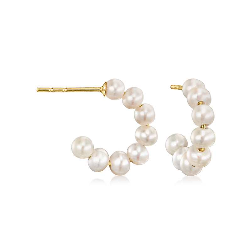 14kt yellow gold C-hoop earrings with clustered white cultured pearls, front view