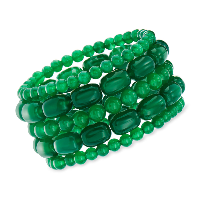 Set of five green bead stretch bracelets, glossy chalcedony-style beads.