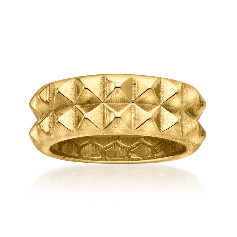 14kt yellow gold pyramid-texture ring with raised geometric pattern and slim band