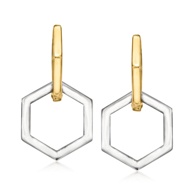 Sterling silver geometric hexagon drop earrings with yellow gold hinged hoops
