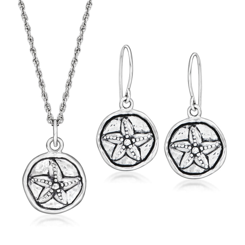 Sterling silver sand dollar necklace with matching drop earrings, round charms with engraved starfish