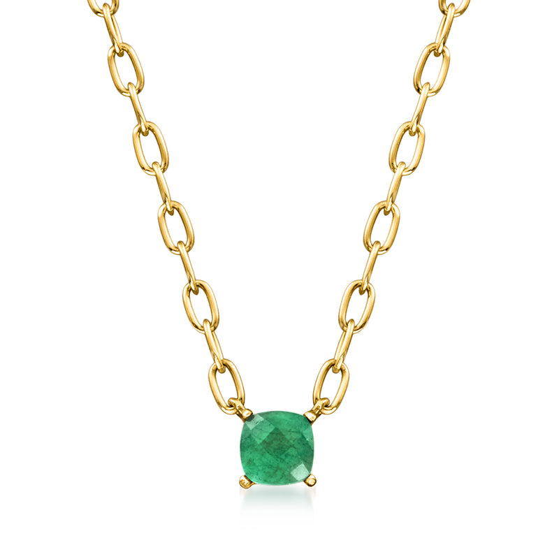 Gold paper-clip link necklace with round green emerald pendant