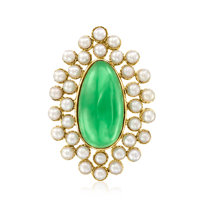 Green jade teardrop pendant with 18kt gold over sterling and cultured pearl border