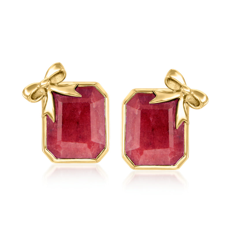 Ruby bow stud earrings with red square stones in gold bezel, 18kt gold over sterling
