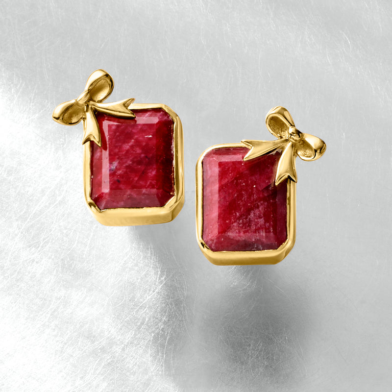 Ruby bow stud earrings with red octagonal stones and gold bow detailing, 18kt gold over sterling