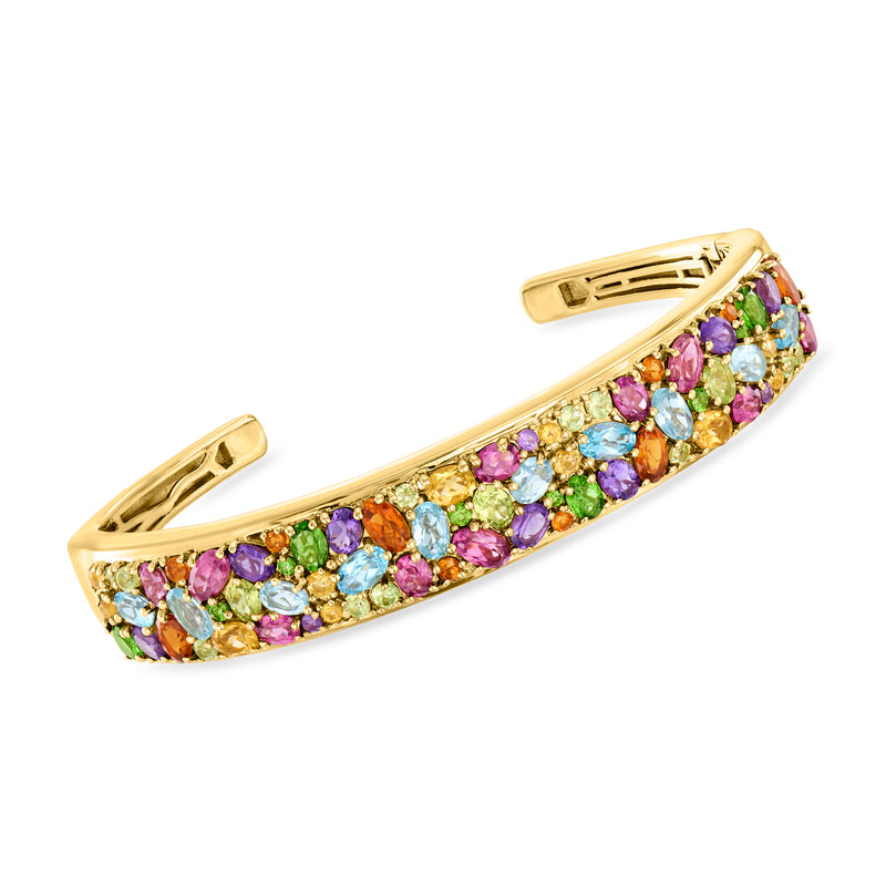 Multi-gemstone cuff bracelet in 18kt gold over sterling with pavé stones