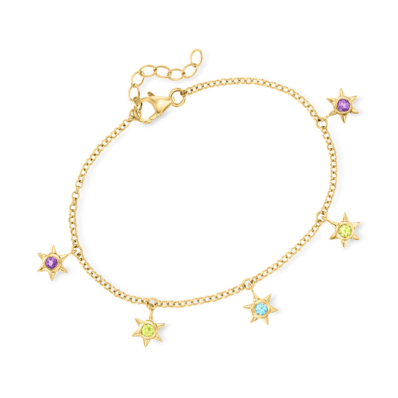 Gold-tone star drop bracelet with five gemstone star charms, purple, green, and blue accents