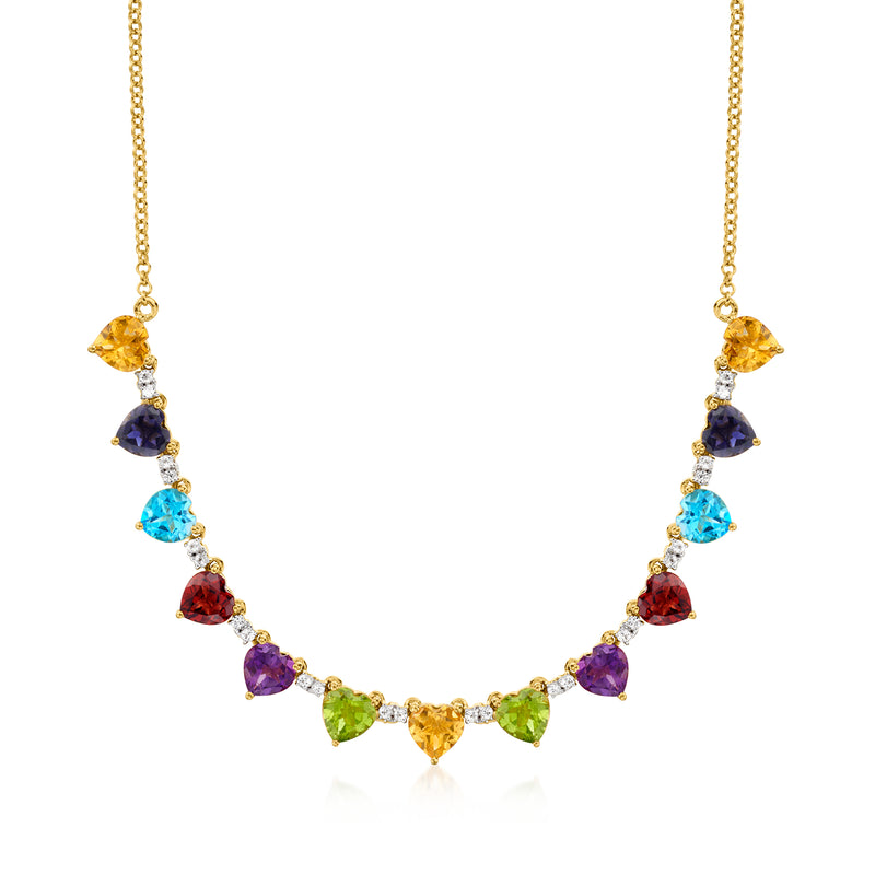 Gold over sterling heart-shaped multi-gemstone necklace with small colored gem hearts