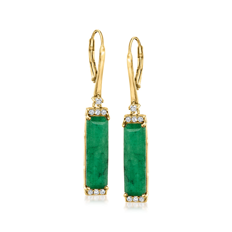 Gold leverback drop earrings with green emerald-cut stones and white topaz accents