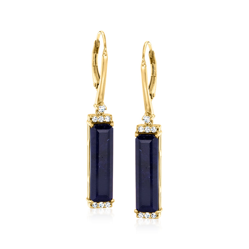 Gold drop leverback earrings with rectangular dark blue gemstone and clear stone halos