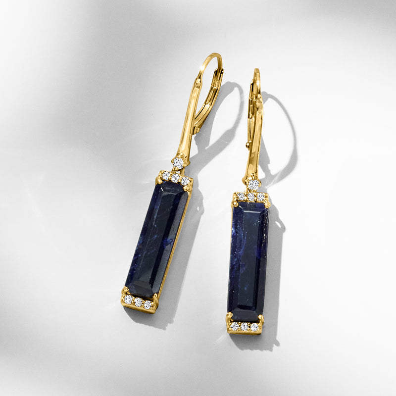 Gold leverback drop earrings with dark blue rectangular center stones and clear accents