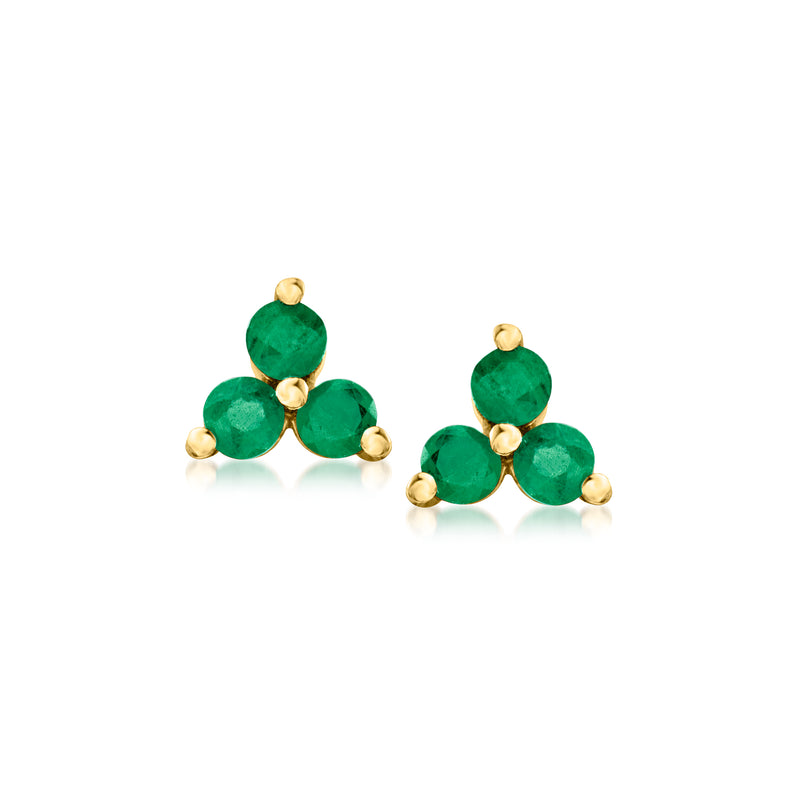 14kt yellow gold three-stone emerald stud earrings with three green round stones