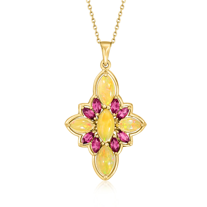 Gold pendant necklace with cross-shaped opal-like marquise stones and pink rhodolite accents