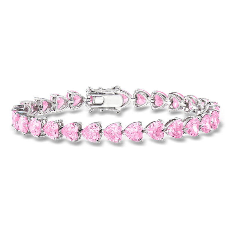 Sterling silver tennis bracelet with pink heart-cut stones and hinged clasp