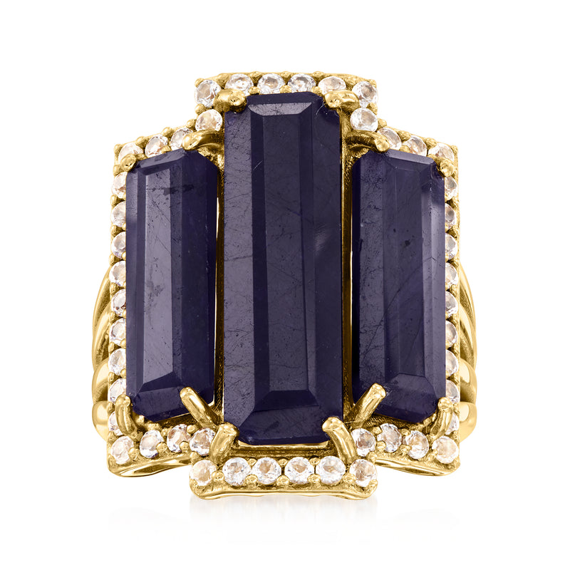 18kt gold over sterling three-stone ring with dark blue rectangular sapphire and white topaz accents