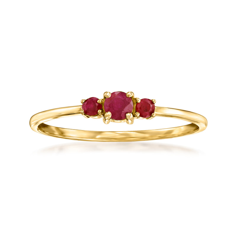 14k yellow gold three-stone ruby ring with round red gemstones, polished band