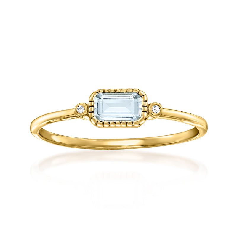 14kt yellow gold bezel-set aquamarine ring with diamond accents, front view