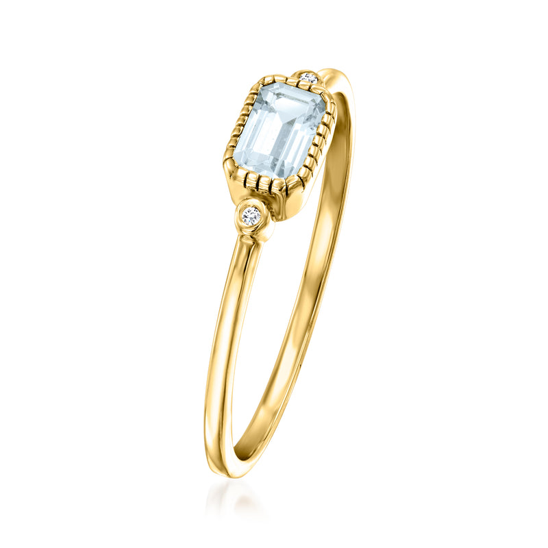 14kt yellow gold bezel-set aquamarine ring with diamond accents, side angle