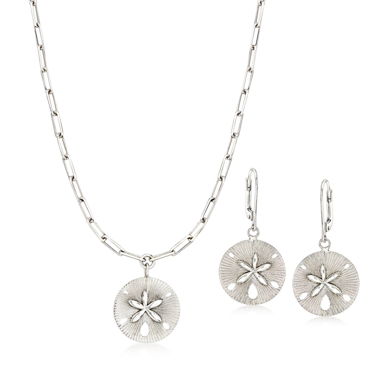 Sand dollar jewelry set with silver chain necklace and drop earrings, round disc charms