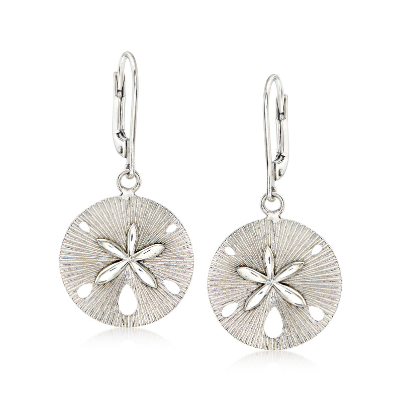 Sterling silver sand dollar drop earrings, round textured discs with floral cutout