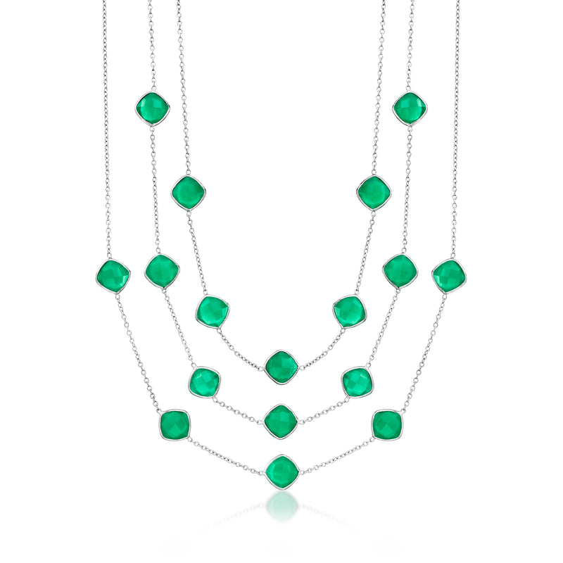 Three-strand sterling silver necklace with green chalcedony drop accents